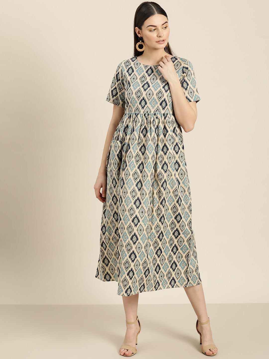 Women's Beige Ikat Patch Pocket Midi Dress