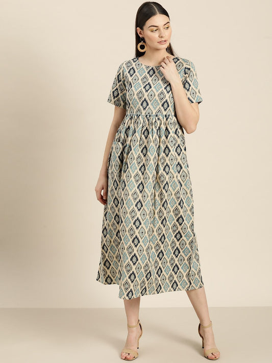 Women's Beige Ikat Patch Pocket Midi Dress