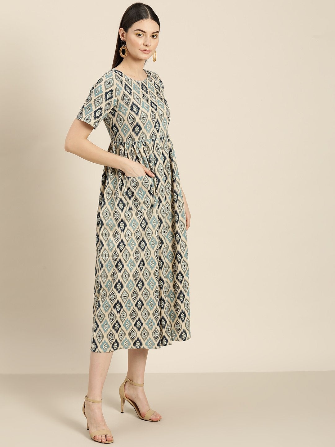 Women's Beige Ikat Patch Pocket Midi Dress