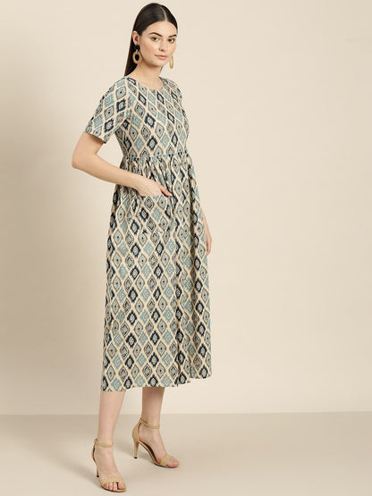 Women's Beige Ikat Patch Pocket Midi Dress