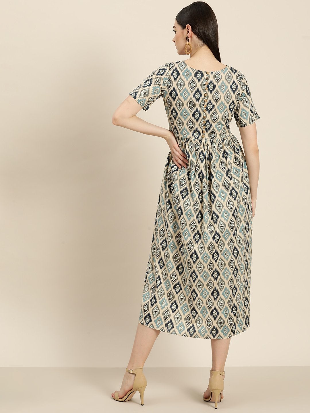 Women's Beige Ikat Patch Pocket Midi Dress