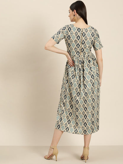 Women's Beige Ikat Patch Pocket Midi Dress