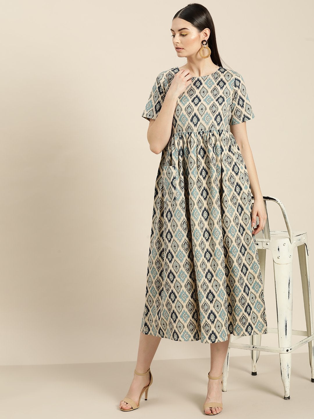 Women's Beige Ikat Patch Pocket Midi Dress