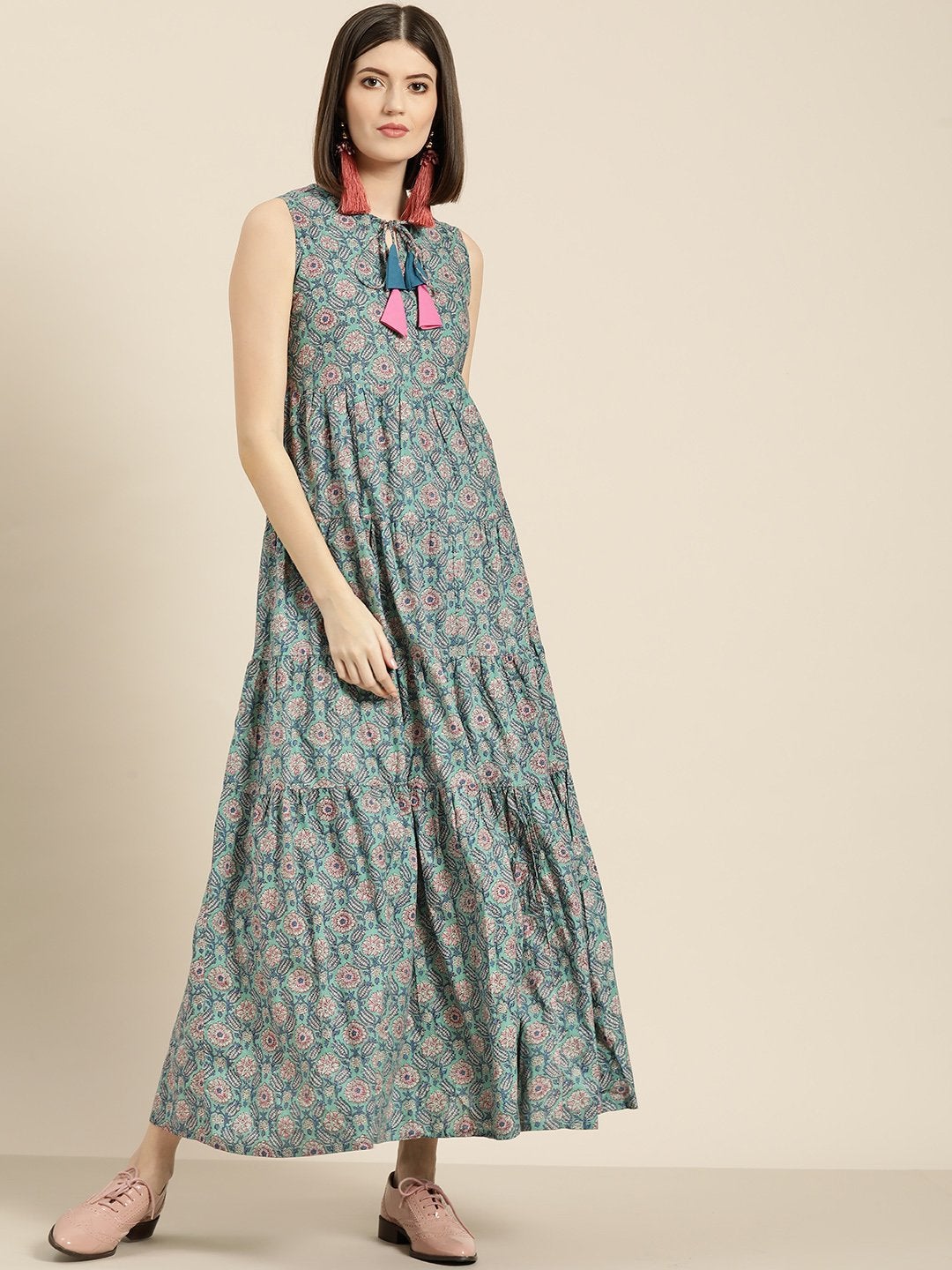 Women's Sea Green Floral Sleeveless Tiered Maxi