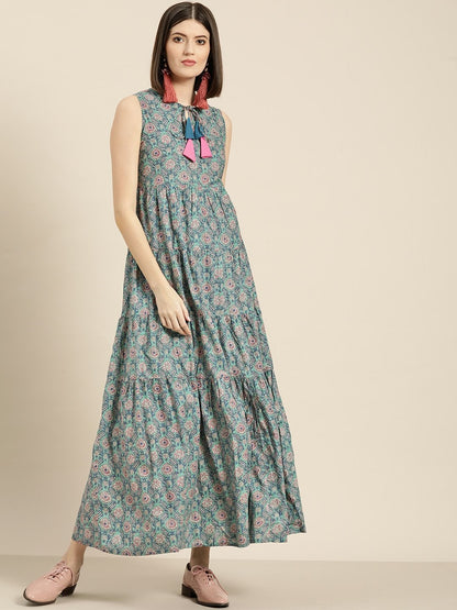 Women's Sea Green Floral Sleeveless Tiered Maxi