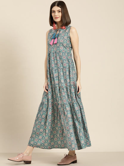 Women's Sea Green Floral Sleeveless Tiered Maxi