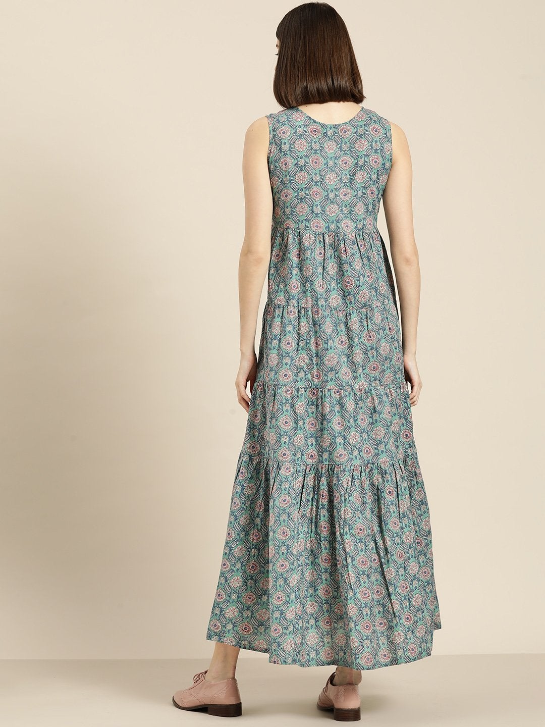 Women's Sea Green Floral Sleeveless Tiered Maxi
