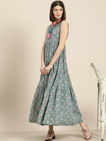 Women's Sea Green Floral Sleeveless Tiered Maxi