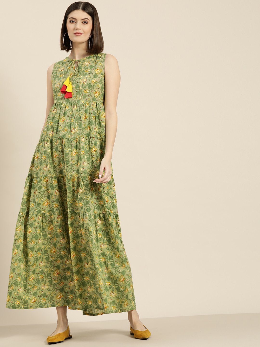Women's Green Floral Sleeveless Tiered Maxi
