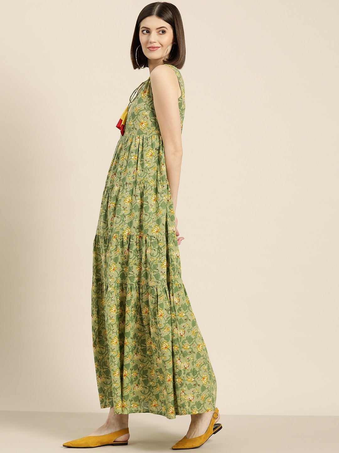 Women's Green Floral Sleeveless Tiered Maxi