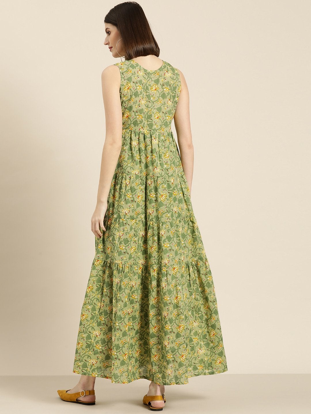 Women's Green Floral Sleeveless Tiered Maxi