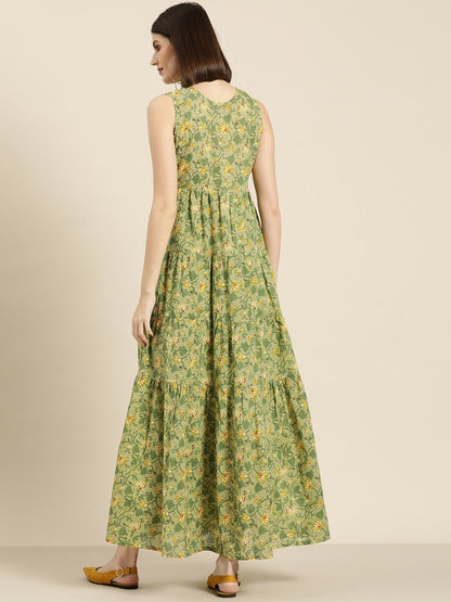 Women's Green Floral Sleeveless Tiered Maxi