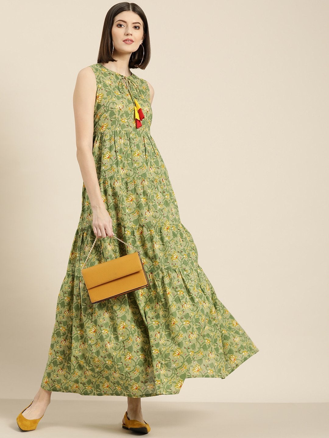 Women's Green Floral Sleeveless Tiered Maxi
