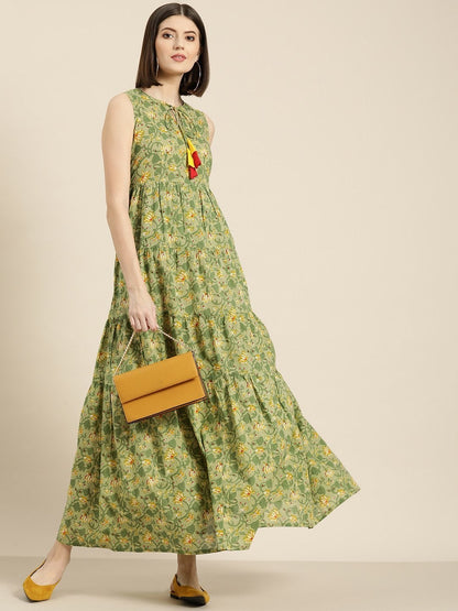 Women's Green Floral Sleeveless Tiered Maxi
