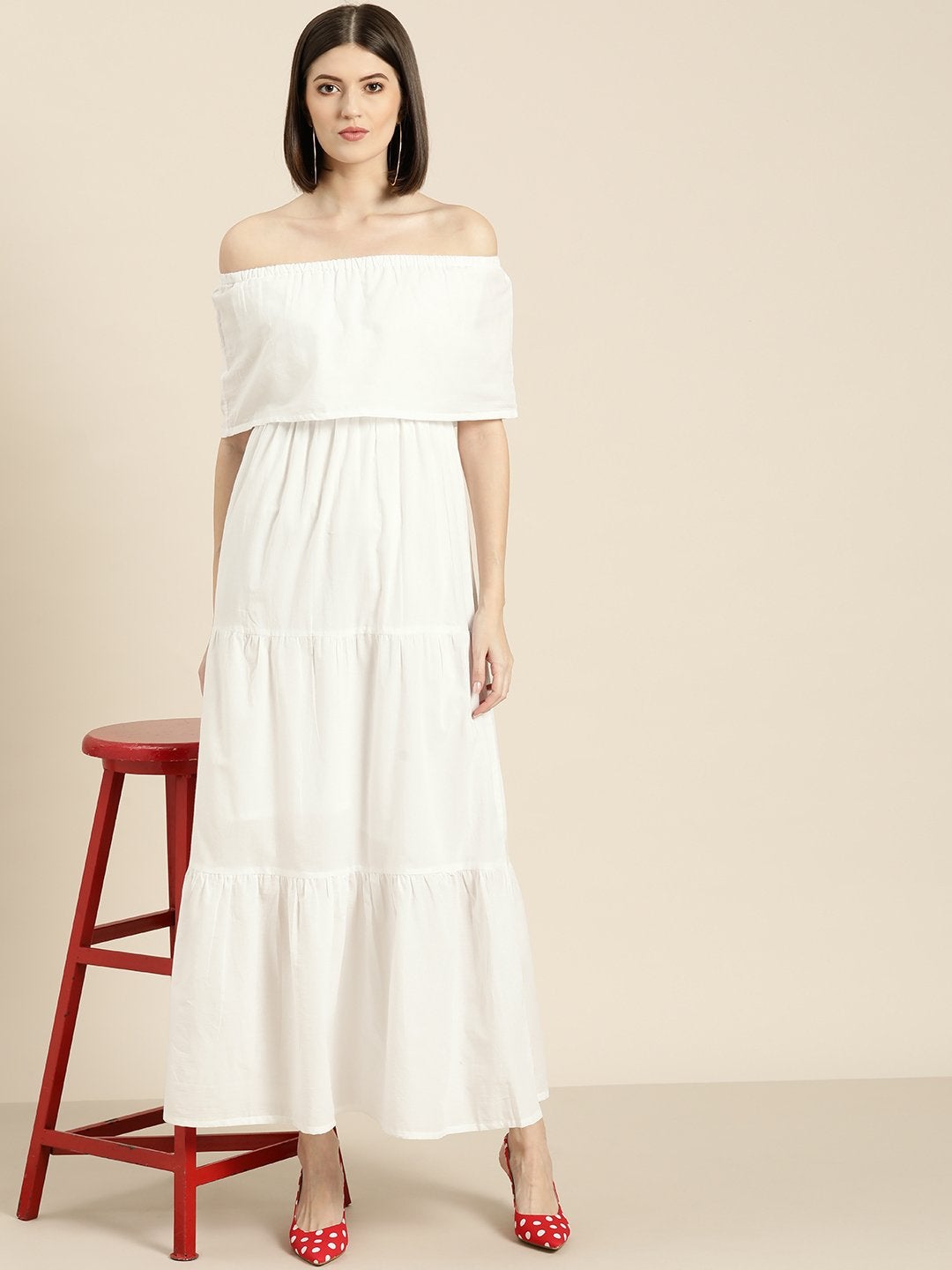 Women's White Off Shoulder Tiered Dress