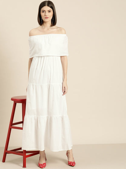 Women's White Off Shoulder Tiered Dress