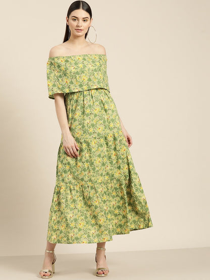 Women's Green Floral Off Shoulder Tiered Dress