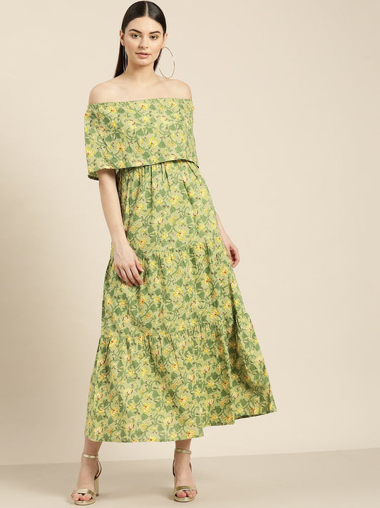 Women's Green Floral Off Shoulder Tiered Dress