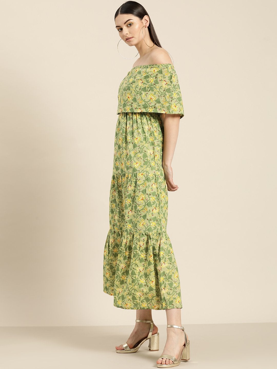 Women's Green Floral Off Shoulder Tiered Dress