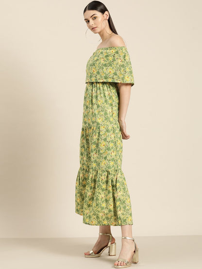 Women's Green Floral Off Shoulder Tiered Dress