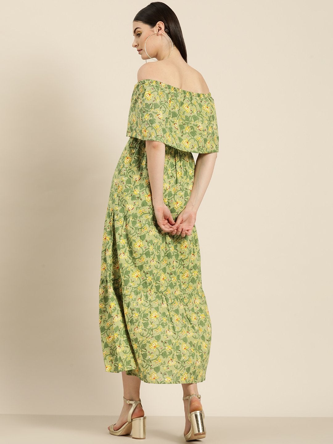 Women's Green Floral Off Shoulder Tiered Dress