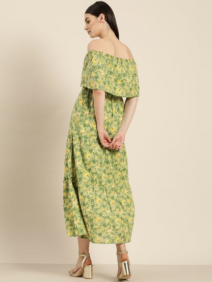 Women's Green Floral Off Shoulder Tiered Dress
