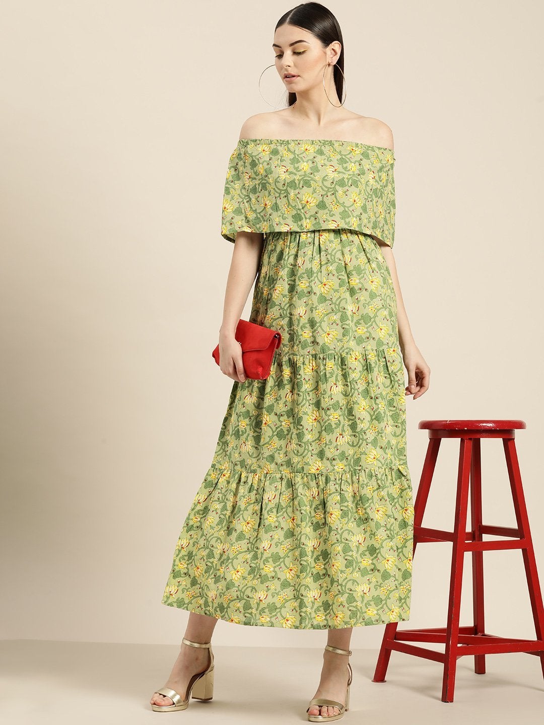 Women's Green Floral Off Shoulder Tiered Dress