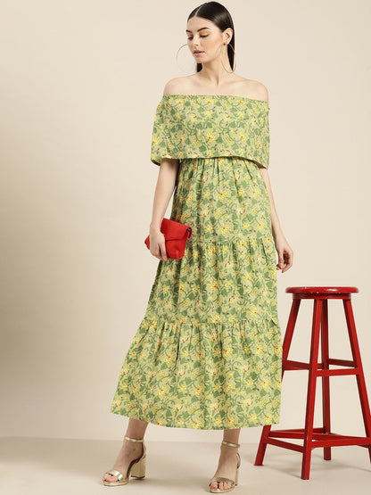Women's Green Floral Off Shoulder Tiered Dress