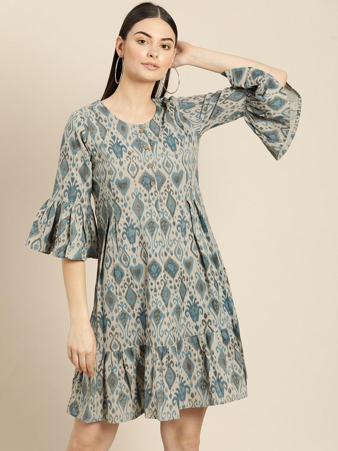 Women's Beige Ikat Frill Hem Dress