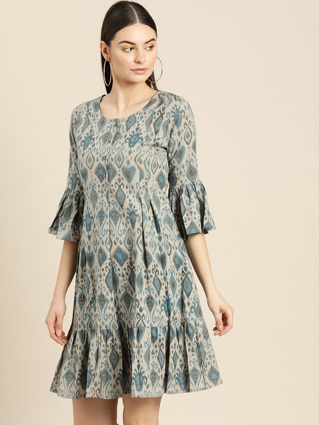 Women's Beige Ikat Frill Hem Dress
