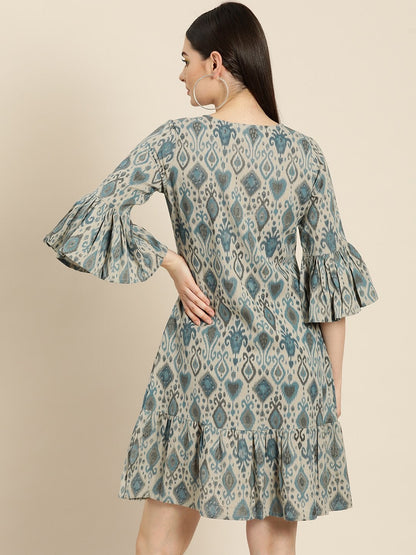 Women's Beige Ikat Frill Hem Dress