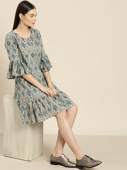 Women's Beige Ikat Frill Hem Dress