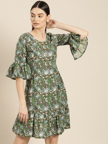 Women's Green Floral Frill Hem Dress