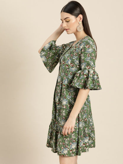 Women's Green Floral Frill Hem Dress