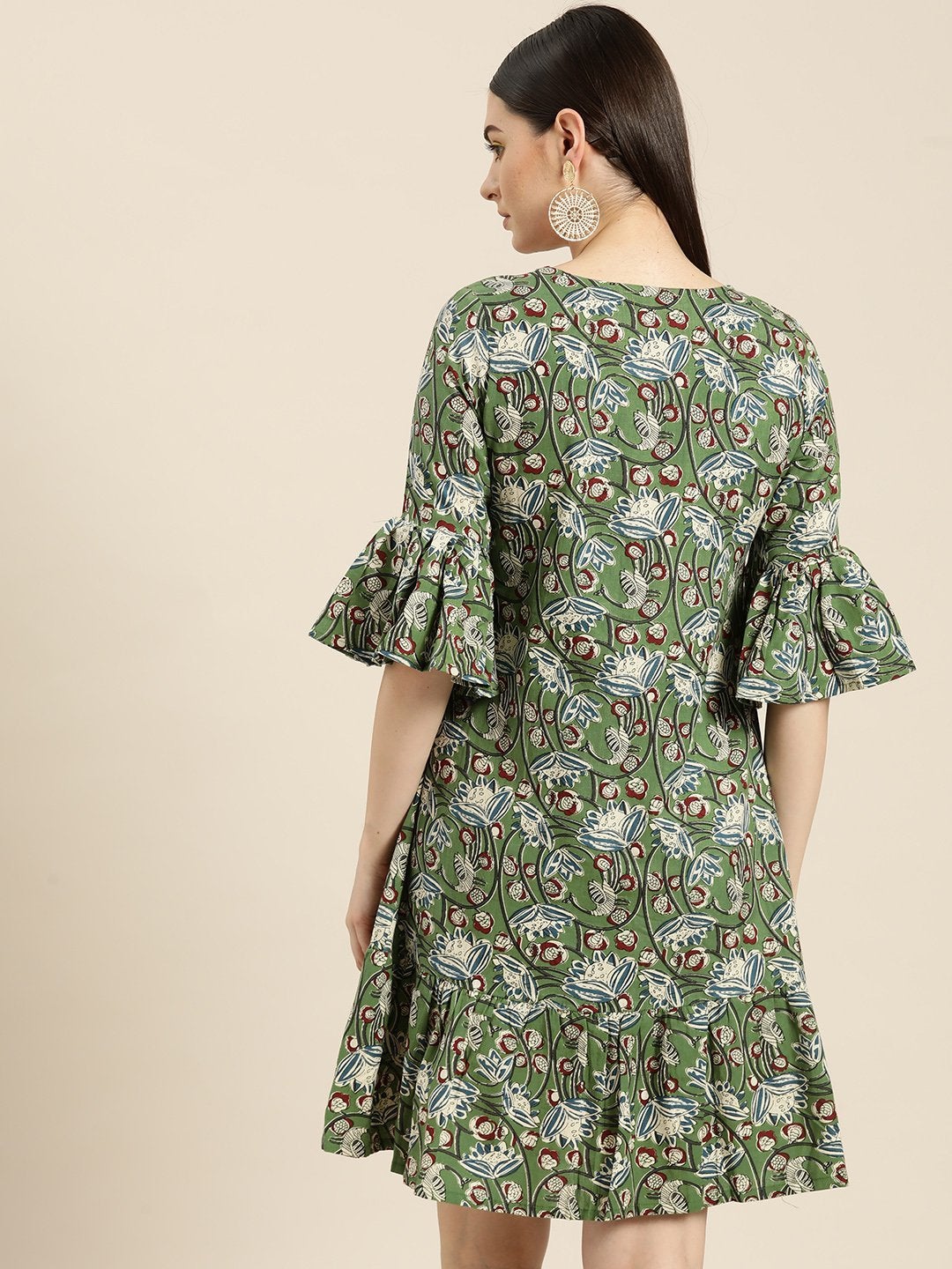 Women's Green Floral Frill Hem Dress