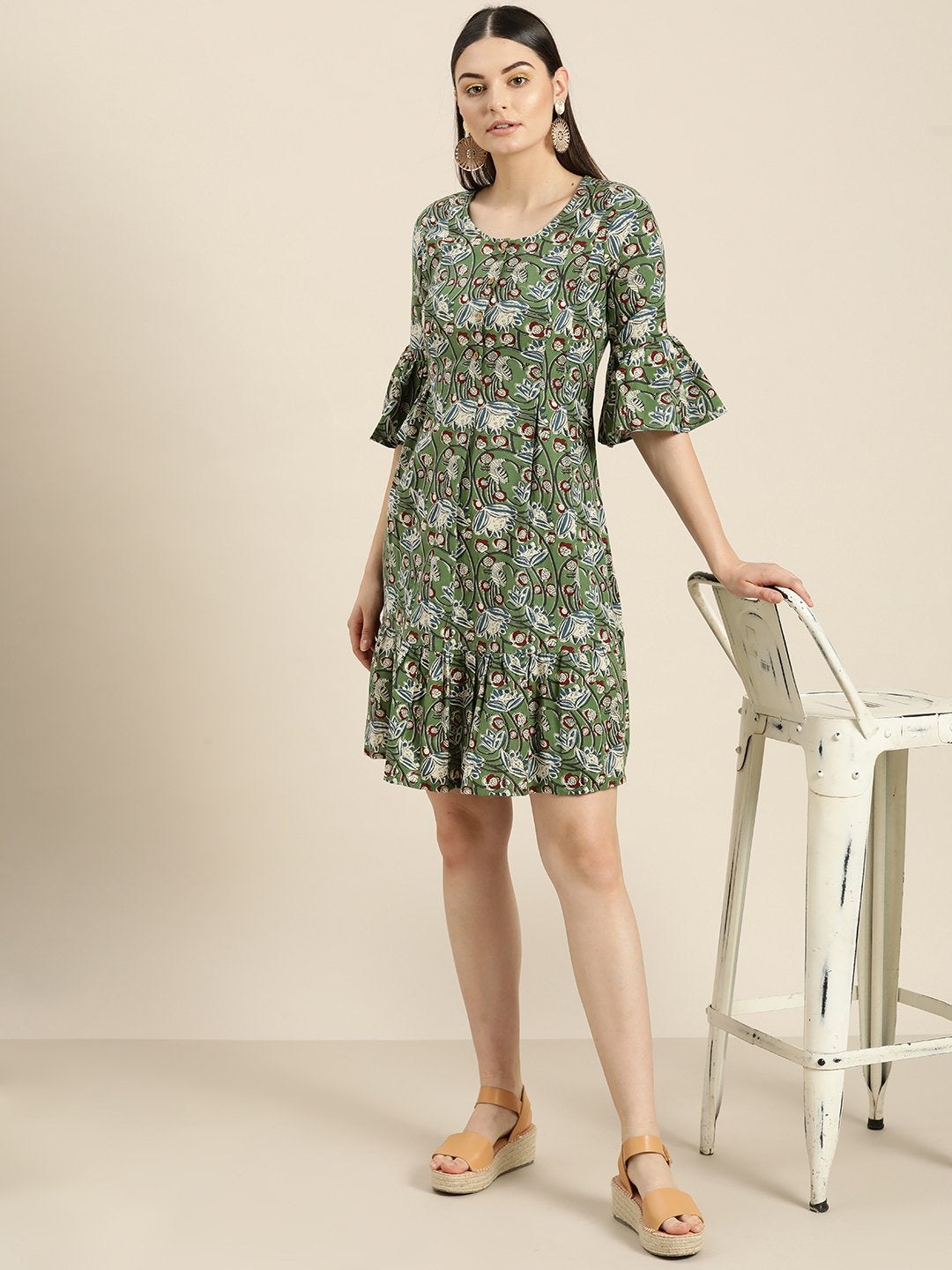 Women's Green Floral Frill Hem Dress