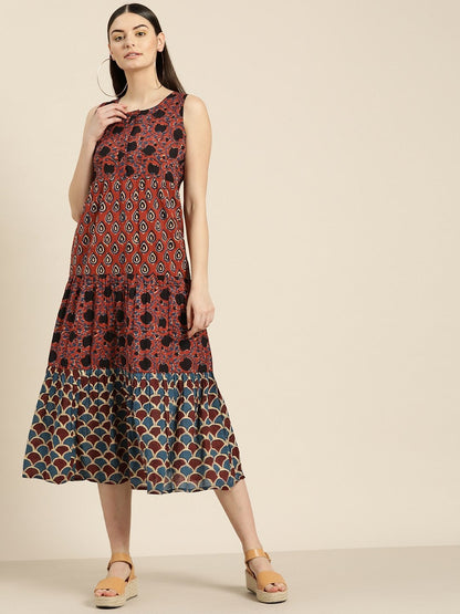 Women's Maroon Floral Sleeveless Tiered Dress