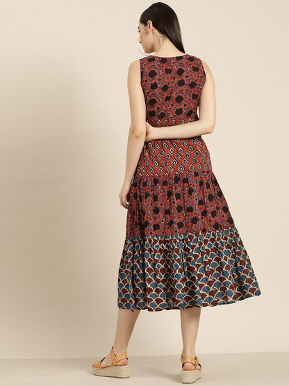 Women's Maroon Floral Sleeveless Tiered Dress