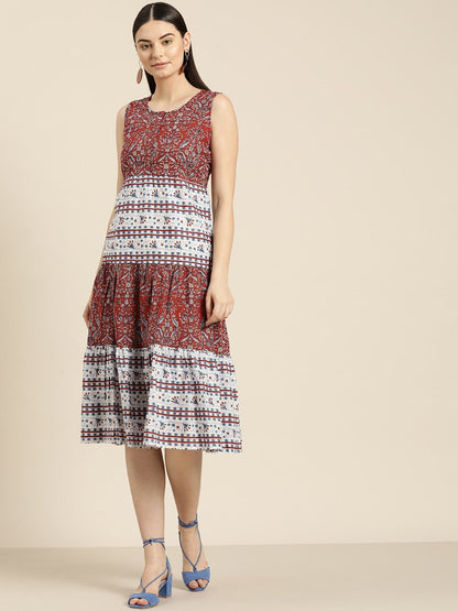 Women's Red Floral Sleeveless Tiered Dress