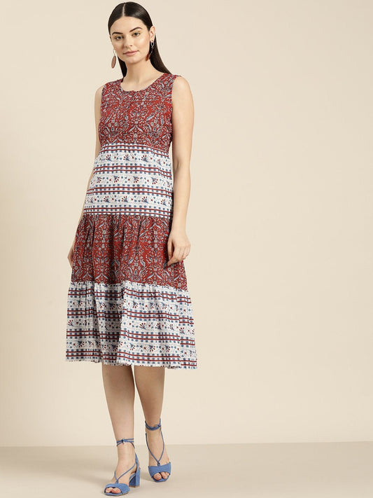 Women's Red Floral Sleeveless Tiered Dress