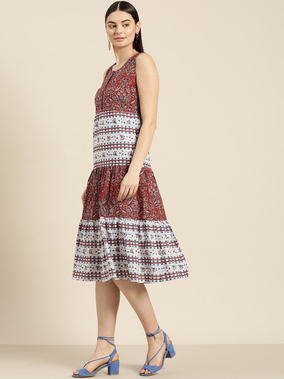 Women's Red Floral Sleeveless Tiered Dress