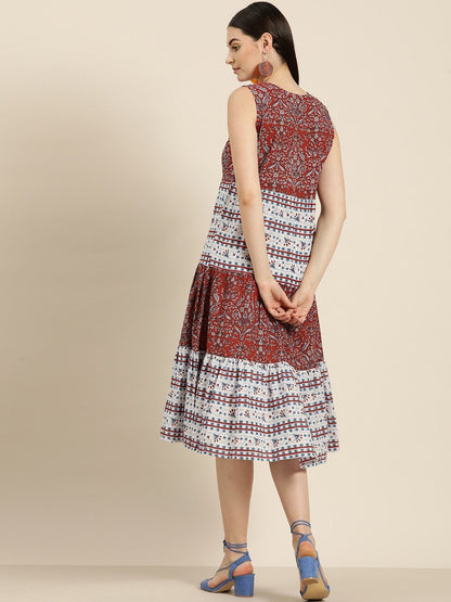 Women's Red Floral Sleeveless Tiered Dress