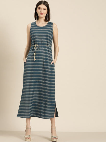 Women's Teal Stripe Straight Maxi