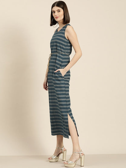 Women's Teal Stripe Straight Maxi