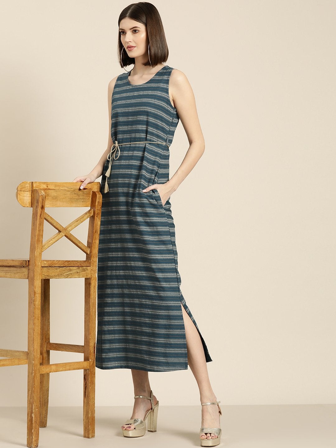 Women's Teal Stripe Straight Maxi
