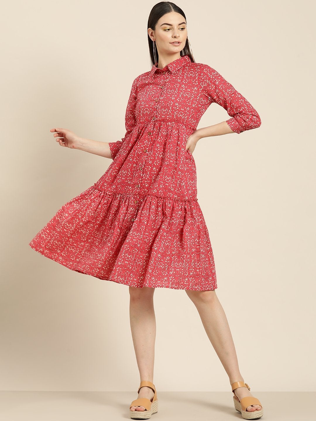 Women's Pink Floral Shirt Collar Tiered Dress