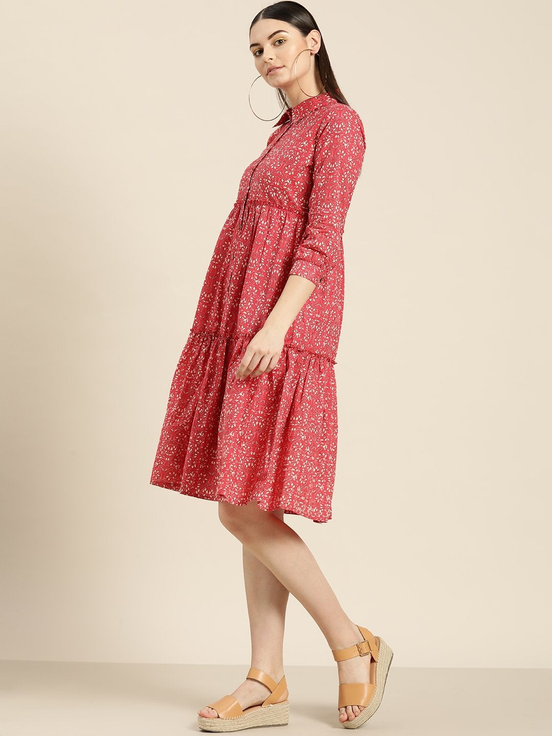 Women's Pink Floral Shirt Collar Tiered Dress