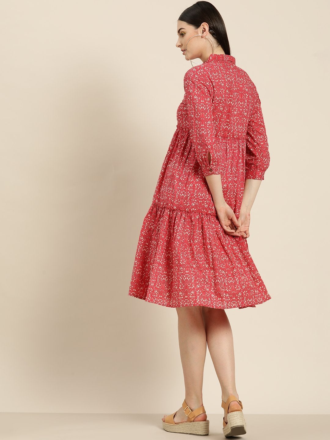 Women's Pink Floral Shirt Collar Tiered Dress