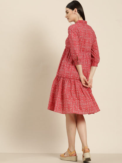 Women's Pink Floral Shirt Collar Tiered Dress