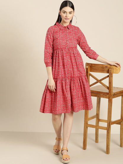 Women's Pink Floral Shirt Collar Tiered Dress